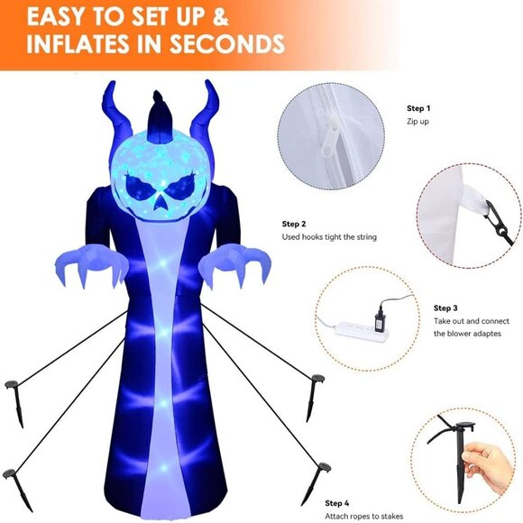 10FT Giant Halloween Inflatable Pumpkin Decoration LED Lights, Stakes & Sandbag - Picture 4 of 8